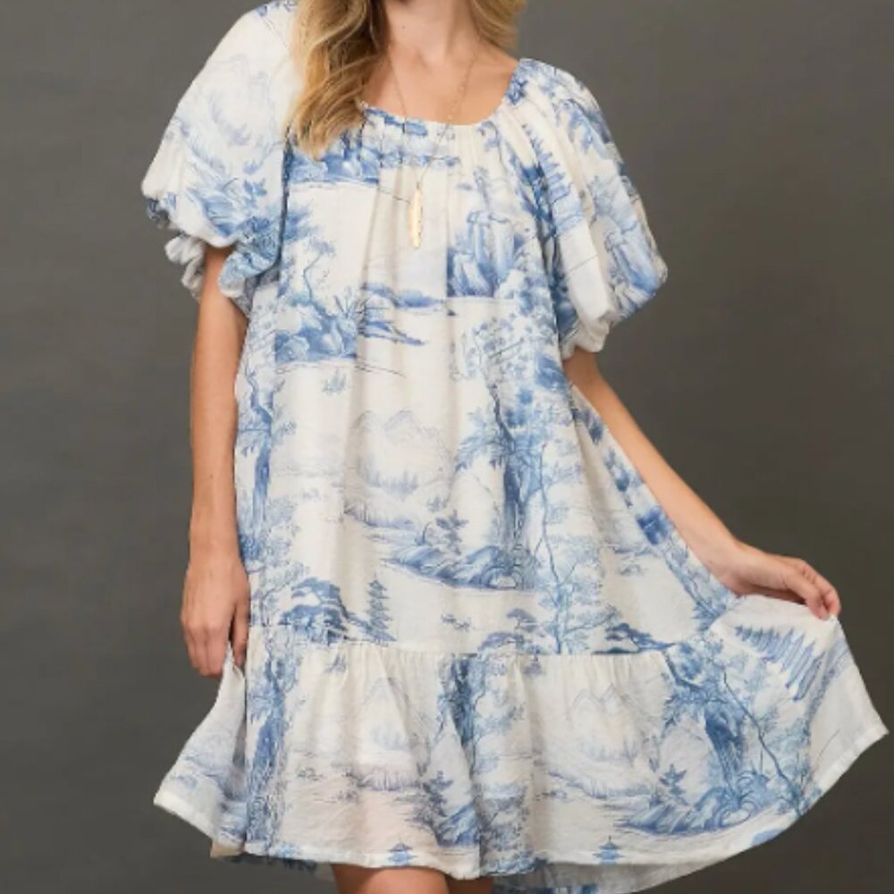209.Toile Print Dress with Puff Sleeves